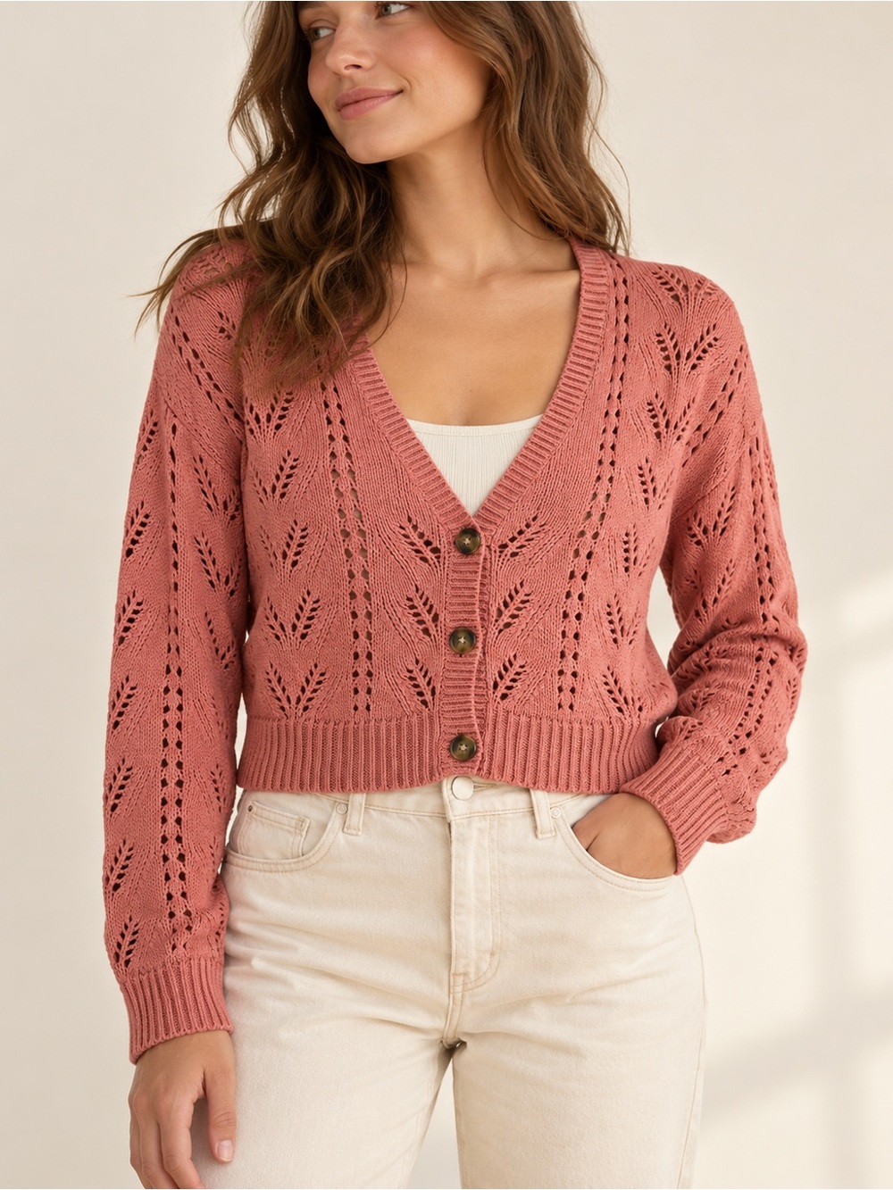 American Eagle Dusty Rose Eyelet Knit Cropped Cardigan, size S
